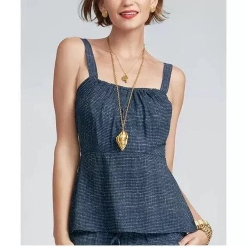 CAbi Babydoll Tank Top Womens 8 Navy White Dot Smocked Sides Adjustable Strap
